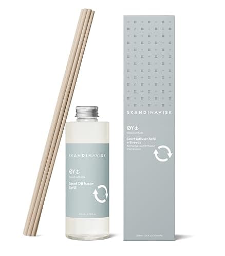 Image of Skandinavisk ØY 'Island' Reed Diffuser Refill with 8 Reeds. Lasts +3 Months. Fragrance Notes: Crabapple and Dog Rose, Water Mosses and Green Leaves. 200 ml