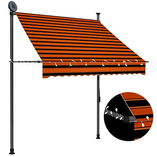 Image of vidaXL Manual Retractable Awning with LED Lighting - 150 cm, Orange and Brown Combination - Weather, Durable Steel Frame, Solar Power LED Strip, Adjustable Height and Angle, Easy to Assemble