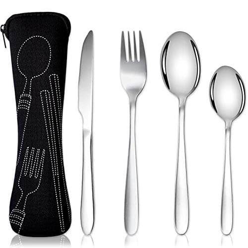 Image of Acehome Cutlery Set with Portable Pouch Case, Stainless Steel Flatware Camping Utensil Set with Neoprene Bag for Outdoor Travel Picnic Office School Lunch Box (4 Pcs Black)