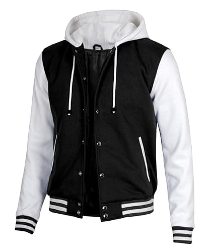Image of Decrum Hooded Varsity Jacket Men - High School Letterman Bomber Style Hoodie Mens Baseball Jackets, Black & White Hooded Varsity Jacket, M