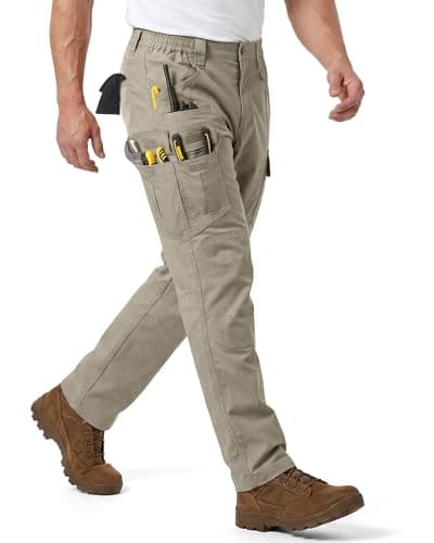 Image of IGOLUMON Work Trousers Men Cargo Trousers Stretch Tactical Combat Work Pants with Multi-Pocket Semi Elasticated Waist Slim Fit for Hiking Outdoor Casual Khaki