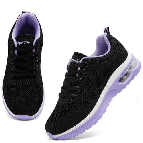 Image of Topwolve Running Shoes Women's Cushion Walking Trainers Lightweight Breathable Mesh Athletic Sneakers Ladies Sports Tennis Shoes,Black Purple,5.5 UK