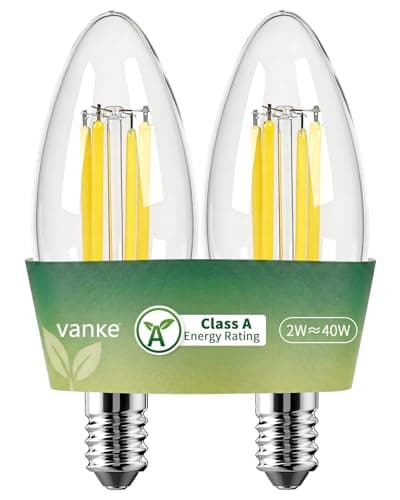 Image of Vanke E14 LED Candle Light Bulbs, Class A Ultra-Efficient 2W (40W Equivalent), SES Small Edison Screw, Clear Glass Filament C35, 500lm, 2700K Warm White, Non-Dimmable, 50,000 Hours, Pack of 2