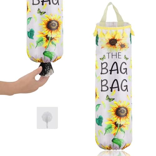Image of AOOTUERL Sunflower Plastic Bag Holder for Kitchen, carrier bag storage, plastic bag holder with Sticky Hooks, Plastic Bag Organizer and Dispenser Wall Mount Plastic Bags Dispenser for Home Kitchen