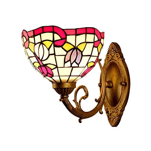 Image of GAUUA Victorian Style Tiffany Wall Sconce, Red Pink Gardenia Stained Glass Wall Light For Bedroom Living Room, E27 Handicrafts Hardwired Wall Lamp