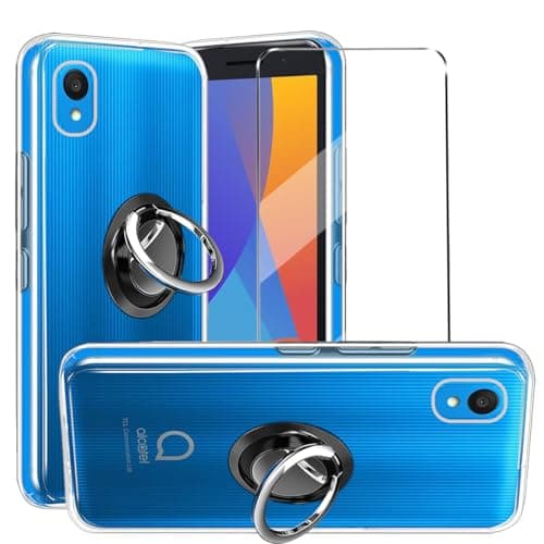 Image of 3-in-1 Case + Phone holder Ring Compatible with Alcatel 1 2021 Cover with 1 Pack Tempered Glass Screen Protector for Alcatel 1 2021, Slim Fit Soft TPU Shockproof Anti-Scratch Phone Case Cover - Clear