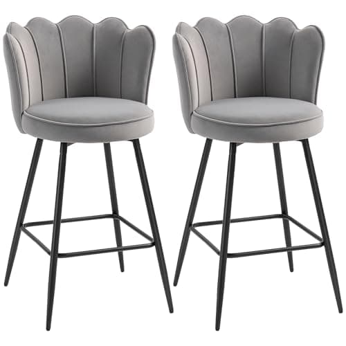 Image of HOMCOM Bar Stools Set of 2, Modern Velvet-Feel Barstools with Petal Backrest and Footrest, Upholstered Breakfast Bar Chairs with Metal Legs for Kitchen Island Counter, Dining Room, Grey
