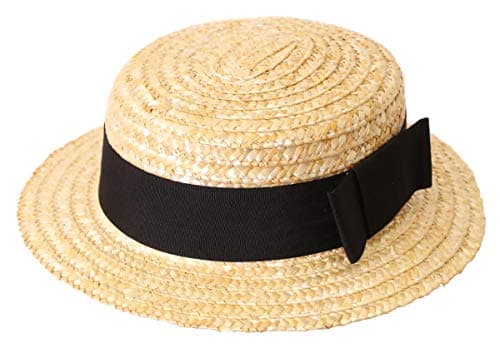 Image of STRAW BOATER HAT WITH BLACK RIBBON & BOW - QUALITY SUMMER HAT FOR MENS & LADIES - 6 STYLES