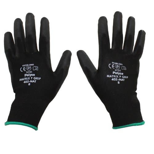Image of 1 Pair - POLYCO Matrix P Grip - Black PU Gloves Size 8 Medium Gardening Work Mechanic Builders PPE Grip