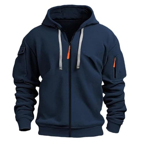 Image of Mens Hoodies Men's Zip Up Hoodie With Embroidered Badge Pocket Casual Pullover Sweatshirt For Outdoor Sports And Daily Wear (Navy, L)
