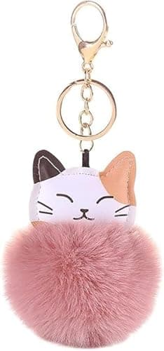 Image of SquarezhenBo Pink Cute Cat Shape Pom Pom Keychain Plush Ball Car Keychain Pendant Fluffy Keyring Charm for Women Girls Bag Purse Decor Accessories