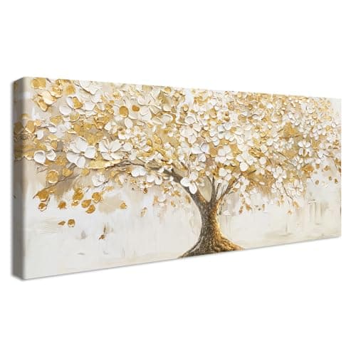 Image of Wooden Framed Large Canvas Wall Art White Flowers Gold Leaves Tree Painting on Canvas Prints Poster Autumn Abstract Flowering Tree of Life Pictures for Living Room Bedroom Wall Decoration 50x120cm