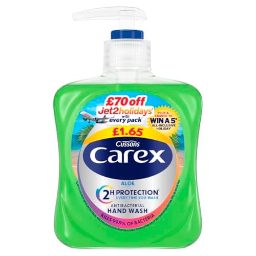 Image of Carex Aloe Vera Antibacterial Hand Wash - Kills 99.9% of Bacteria & Viruses, Dermatologically Tested Liquid Soap that Cleans, Cares & Protects Hands, 250ml