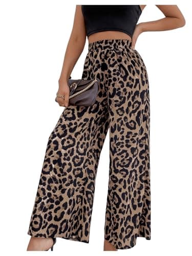 Image of SweatyRocks Trousers Women's Wide Leg Elegant Leo Trousers Loose Trousers Casual Trousers Brown Trousers Women's Trousers with Elastic Wide Leg Trousers Summer Trousers, leo, S