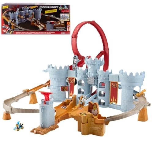 Image of Hot Wheels Toy Car Track Set, Mario Kart Bowser’s Castle Playset & 1:64 Scale Die-Cast Kamek, Interactive Play, With Storage for 30+ Vehicles, JHD24