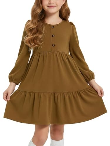 Image of JiAmy Girls Dress Puff Long Sleeve Cotton Round Neck Kids Casual T-Shirt Dresses with Pockets Tiered High Waist Swing A-line Fall Tween Dress for 7-8 Years, Brown