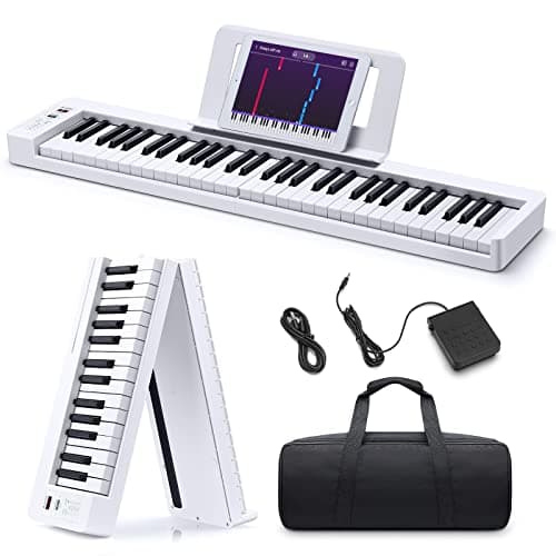 Image of Donner Folding Piano Keyboard, 61 Keys Sensitive Electric Piano, Portable Beginner Digital Foldable Keyboard with Music Rest, Bag, Pedal, DP-06 White