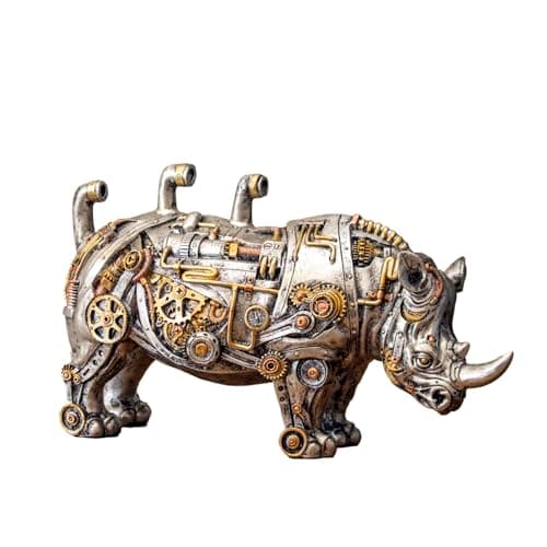 Image of Darthome Steampunk Rhino Ornament Industrial Silver Gold Rhinoceros Resin Gothic Sculpture 32cm