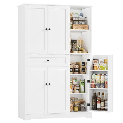 Image of FirFurd Kitchen Cupboard Tall Kitchen Cabinet with Spice Rack Pantry Cupboard Free Standing Sideboard Storage Cabinet with 5 Doors & 2 Open Shelves Dining Room Furniture 173x104x40cm White