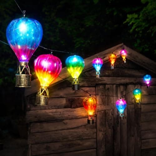 Image of Festive Lights - Solar Hot Air Balloon String Lights - 2.7m Outdoor Garden Fairy Lights, 10 LEDs Multi Colour Hanging Decorative Solar Lights for Patio, Pergola, Balcony Lighting, Weather Resistant