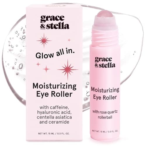 Image of grace & stella Under Eye Brightener with Rose Quartz Rollerball - Hyaluronic Acid & Caffeine Eye Serum for Dark Circles and Puffiness - Travel Size Toiletries - Vegan Skincare (15ml / 0.51floz)