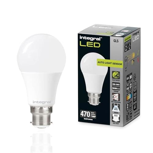 Image of Integral LED B22 Non-Dimmable Dusk to Dawn Dual Sensor Frosted GLS Bulb – Cool White 4000K, 470lm, 4.8W (40W Equivalent) - Energy efficient & Ideal for Outdoor, Porch, Garage, Garden, Patio