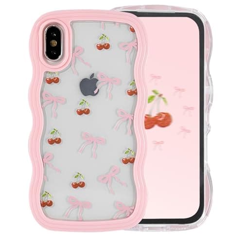 Image of Draamvol for iPhone X, iPhone XS Case Cute Curly Wave Frame Clear Phone Case Shockproof Pink Hard PC Bumper Soft Anti-Yellowing TPU Silicone Cover for Women Girls, Bow Cherry