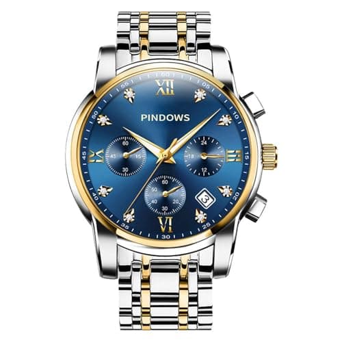 Image of PINDOWS Watches for Men, Luxury Quartz Analog Watch with Date Big Face Waterproof Fashion Business Wristwatch Dress Two Tone Stainless Steel Classic Man Watch Luminous Calendar
