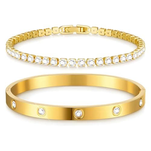 Image of MOTIBACK Gold Bracelet 2pcs Set – Crystal Zircon Gold Bangle Cuff & Cubic Zirconia Tennis Bracelet, Elegant Layered Dainty Chain Jewelry Gift Set for Women & Girls