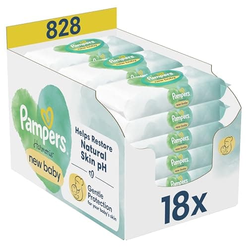 Image of Pampers Harmonie New Baby Wipes Plastic Free 18 Packs of 46 Wipes = 828 Baby Wet Wipes