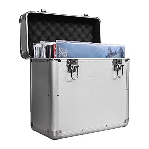 Image of Maison & White Vinyl Record Storage Case – Aluminium DJ Box Holds 50 LPs – Secure Locking Chest for 12” LPs, Albums & Singles – Heavy Duty Collector Case with Handle – Silver Audio Storage – M&W