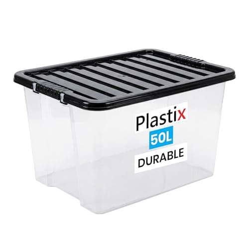 Image of Plastix Clear Plastic Storage Box Boxes With Black Lids Home Office Stackable UK Made (1, 50L)