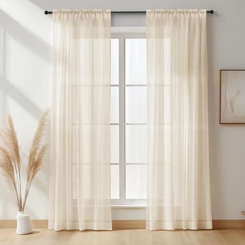 Image of NAKIHOUSE Linen Voile Curtain, 2 Panels Natural Linen Net Curtains for Windows 63 Drop, Slot Top Light Filtering Semi-Sheer Voile Curtains for Living Room, Breathable & Graceful Window Drapes