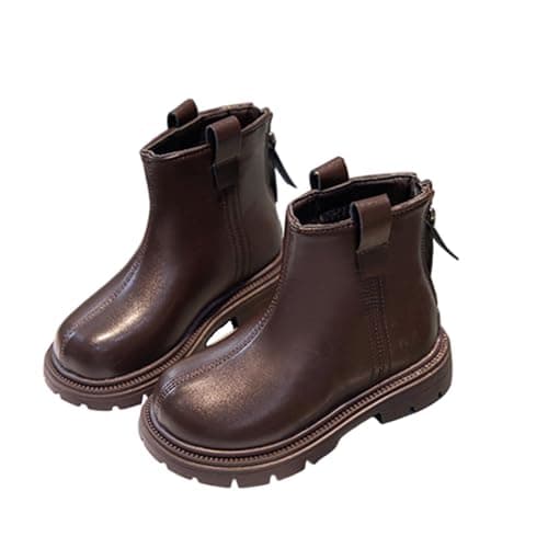 Image of duxyoz Leather Boots Girls Lightweightwaterproof Ankle Chelsea Boot Fashion Anti-Slip Comfy Faux Leather Shoes Solid Classic Low Heels Winter School Boots Brown UK Size 13.5