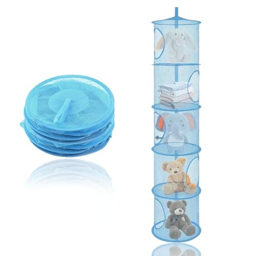 Image of DHSWNNG Hanging Mesh Storage Bag 5 Tier, Foldable Hanging Toy Storage Basket Net Space Saving Hangings Storage Organiser for Teddy Clothes Bathroom Balcony (Blue)