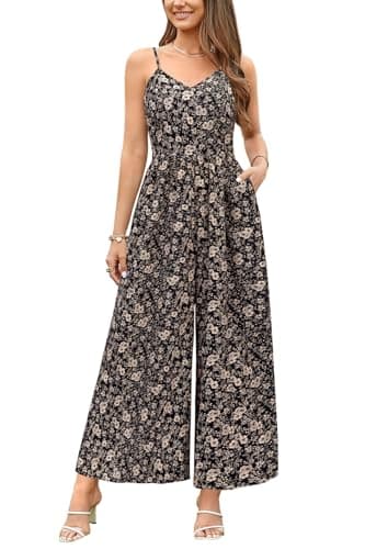 Image of LAISHEN Jumpsuit for Women UK Playsuits Wide Leg Dressy Pants Overall Ladies Summer Casual Dungarees Romper with Pockets (Floral 04, S)
