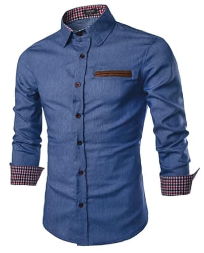 Image of COOFANDY Mens Denim Shirt Long Sleeve Casual Dress Shirt Slim Fit Cowboy Shirts Cotton Button Down Work Shirts with Plaid Collar Sky Blue M
