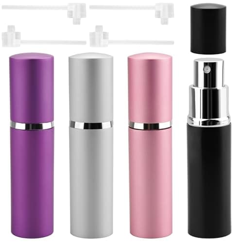 Image of rietegio 10ML Perfume Atomiser 4PCS Mini Spray Bottle Portable Perfume Dispenser Travel Perfume Atomiser Refillable Travel Essentials for Purse Handbag Pocket and Luggage(Black Silver Pink Purple)