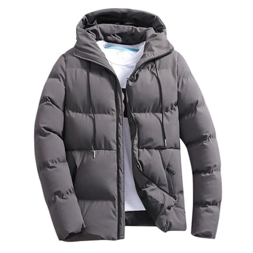 Image of Men'S Jackets Men'S Winter Puffer Jackets With Hood Thicken Insulated Warm Down Coat Full Zipper Solid Colour Coats Outdoor Fashion Windproof Puffy Jacket Grey M