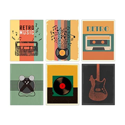 Image of SUPERDANT Vintage Music Canvas Print Wall Art Record Pictures Microphone Guitar Colorful Painting Pop Art Prints Retro Trendy Style Hippy Room Decor for Bedroom Living Room Unframed