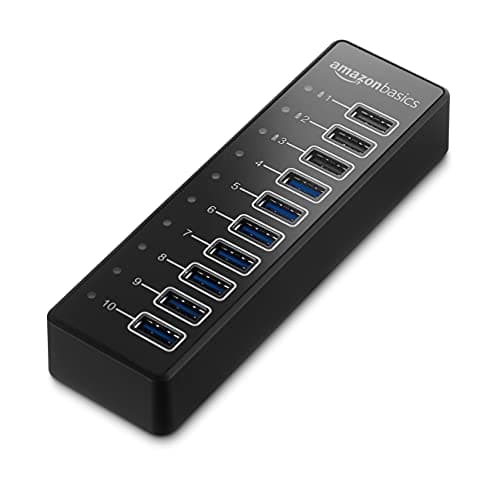 Image of Amazon Basics 10-port hub converts 1 USB A 3.1 port into 10 ideal for charging and syncing smartphones and tablets supports Apple charging, Black
