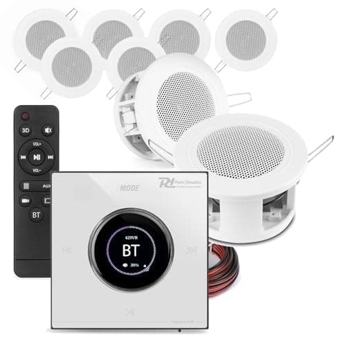 Image of Power Dynamics Powerline B100W Compact Bluetooth Ceiling Speaker System – 8x 3 In-Ceiling Speakers & Wall Amplifier, Home Audio Installation Kit, Touch LCD, 10m Cables, White