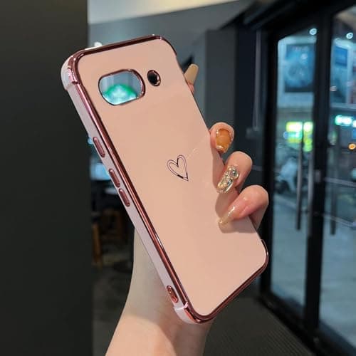 Image of Knoowcase for Google Pixel 9A Case for Google Pixel 9A Phone Case for Girls Women Shockproof Flexible Silicone Bumper Lens Protection Luxury Plated Gold Heart Slim Anti Scratch Phone Cover,Pink