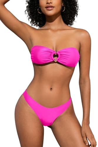 Image of SHEKINI Women's Two Piece Swimsuit O Ring Strapless Bandeau Bikini Sets for Women with Sexy High Cut Cheeky Bottoms Beach Brazilian Swimwear, Magenta, M