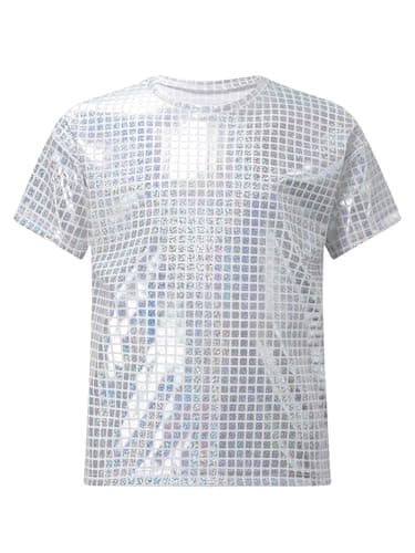 Image of Jugaoge Kids Boys Girls Sparkly Sequin Dance Tops Round Neck Short Sleeve T-Shirts Stage Performance Dancewear Silver 3-4 Years
