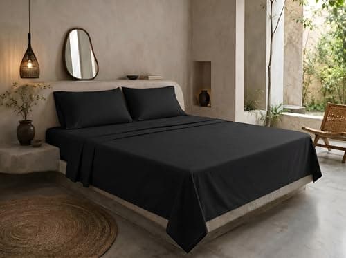 Image of Yorkshire Bedding Flat Sheet King Size 100% Egyptian Cotton 200 Thread Count Breathable and Fade Resistant Hotel Quality Black Bed Sheets (270 cm x 298 cm)