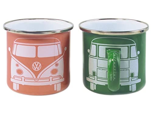 Image of BRISA VW Collection - Volkswagen 2-Piece Enamel Coffee-Tea Mug Cup Set for Camping & Outdoor T1 Bus (Green/Rose)