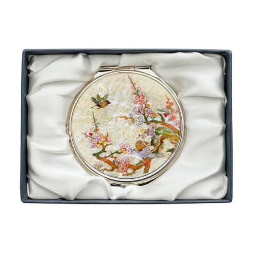 Image of February Mountain Elegant Butterfly and Floral Mother of Pearl Compact Mirror, Dual Magnification (1X & 2.5X) – Lightweight Travel Makeup Mirror in Gift Box (Plum Blossom White)