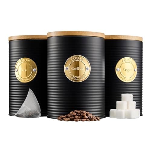 Image of Cooks Professional 3 Piece Ribbed Tea, Coffee, & Sugar Cannisters with Air-Tight Bamboo Lids | Stainless Steel Kitchen Storage Bin Set | Modern & Stylish | Black & Gold