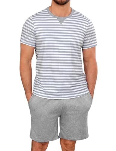 Image of Leversic Mens Pyjama Set Crew Neck Short Sleeve Stripe Pyjama Top and Plain Pj Shorts with Pockets Summer Loungewear Set (Grey,L)